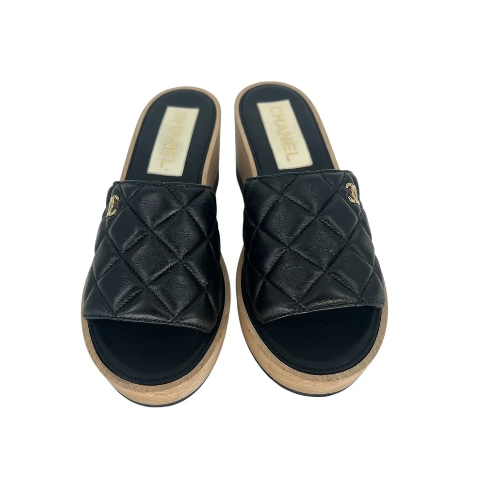 Chanel 2022 Cruise Quilted CC Platform Slide Sandals Black Size 40